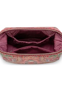 Flessentas met rits in roze stof met bloemen- en geometrische patronen. Binnenin zijn er twee elastische vakken en één vak met rits, allemaal in gestreept roze.