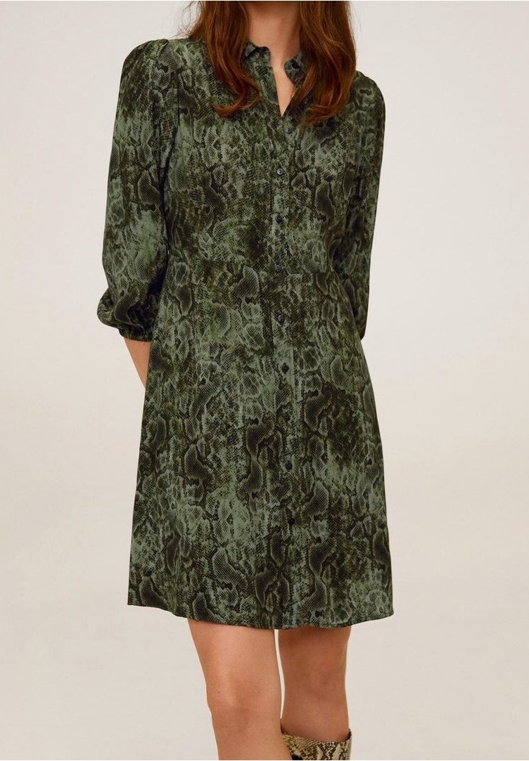 Femme portant une robe boutonnée à imprimé serpent vert et noir, longueur genou, manches trois-quarts, sur fond uni.