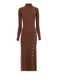 Robe midi côtelée marron à manches longues et col montant. Présente une fermeture à boutons sur le côté avec des boutons métalliques. Design ajusté.