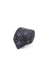 Marineblauer Krawatte mit weißem Paisleymuster, gerolltem Design, glatter Textur und klassischer Form. Ideal für formelle oder semi-formelle Anlässe.