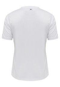 Witte T-shirt met korte mouwen van gladde, lichte stof. Heeft een ronde hals en een eenvoudig ontwerp zonder patronen of versieringen.