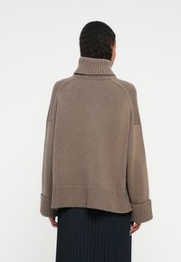 Personne portant un pull col roulé en tricot taupe ample avec des poignets retroussés et une jupe plissée noire, vue de dos sur fond blanc.