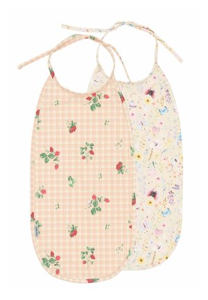 Two fabric bibs: one pink checkered with red strawberries, the other beige with a floral and butterfly pattern. Both have neck ties.