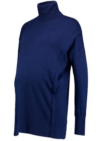 Marineblaues Rollkragenpullover, gestrickter Stoff, lange Ärmel, lockere Passform, seitliche Einsätze für zusätzlichen Platz, gerippte Bündchen und Saum.