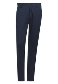Marineblauwe slim-fit broek met zijzakken, riemlussen en een knoopsluiting.