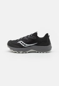 Scarpa da trail running nera con una tomaia texturizzata, accenti grigi e una suola robusta dotata di morsetti multi-direzionali per la trazione.
