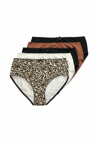 Quatre paires de culottes hipster pour femmes : une imprimée léopard, trois couleurs unies (noir, marron, beige), avec des nœuds décoratifs et des garnitures en dentelle.