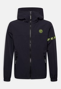 Navy jacket with a hood, front zipper, elastic cuffs, and two side pockets. Features yellow accents and logo on the chest and sleeve.