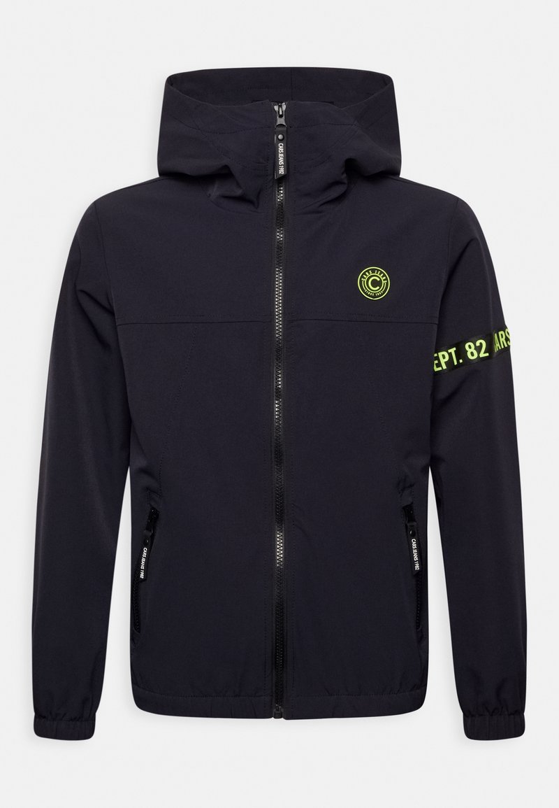 Navy jacket with a hood, front zipper, elastic cuffs, and two side pockets. Features yellow accents and logo on the chest and sleeve.