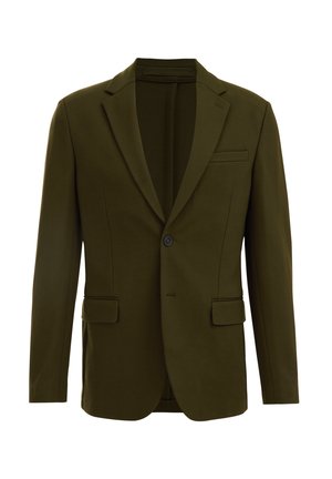 Olive green blazer with two front pockets, single button closure, notch lapels, and a minimalist design. Smooth texture and tailored fit.