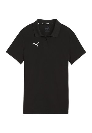 Zwarte polo shirt van katoen met een kraag, korte mouwen en een wit Puma-logo op de linkerborst. Glad textuur.