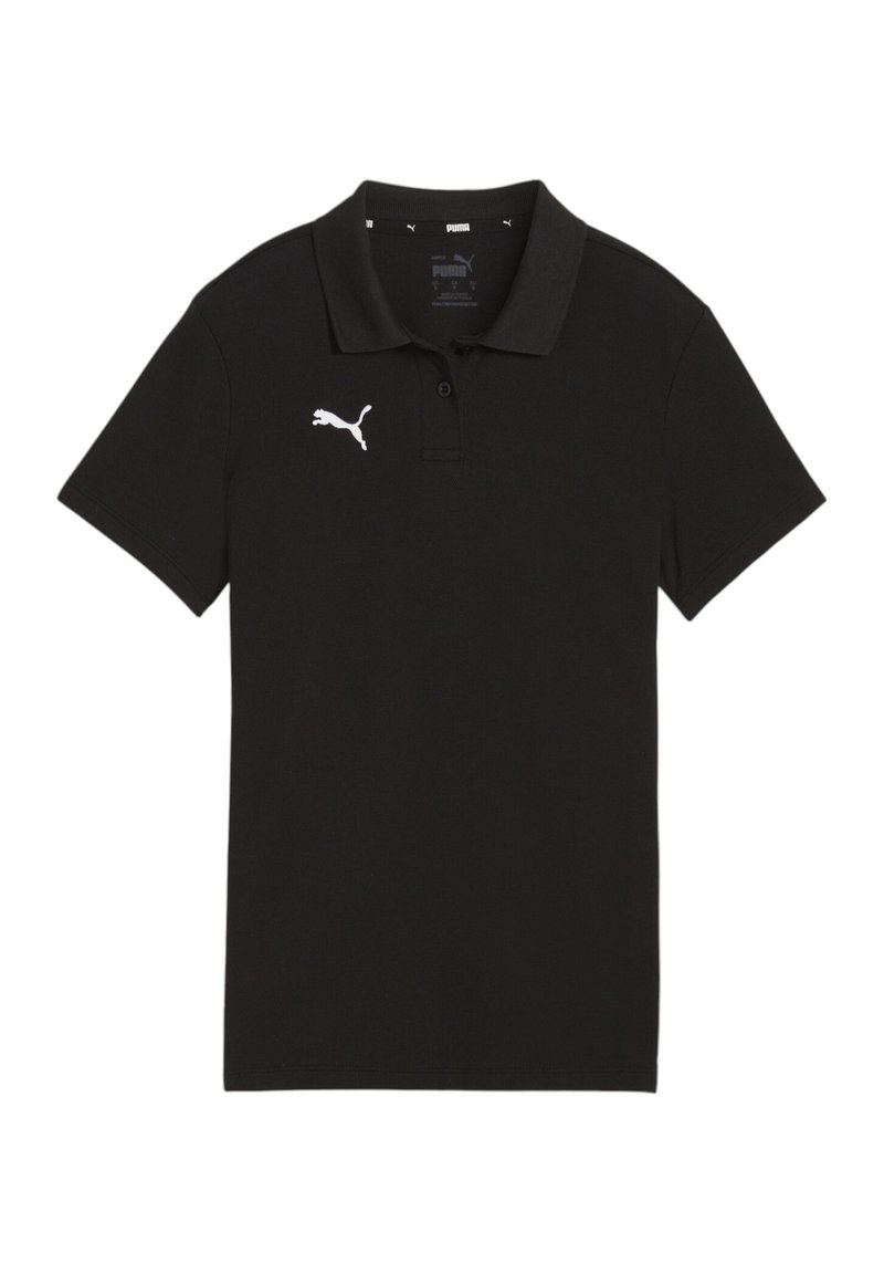 Polo shirt nero in cotone con colletto, maniche corte e logo Puma bianco sul lato sinistro del petto. Texture liscia.