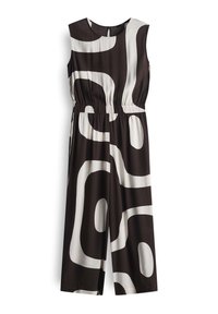 Zwart-wit jumpsuit met een abstracte spiraalpatroon, zonder mouwen, met elastische tailleband en ronde halslijn. Glad stoftextuur.
