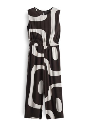 Schwarzer und weißer Jumpsuit mit einem abstrakten Wirbelmuster, ärmellosem Design, elastischem Taillenbund und rundem Ausschnitt. Glatte Stofftextur.