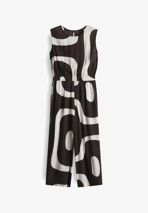 Black and white jumpsuit featuring an abstract swirl pattern, sleeveless design, elastic waistband, and a round neckline. Smooth fabric texture.