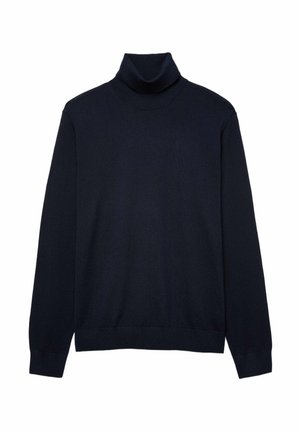 Donkerblauwe coltrui van zacht materiaal, met lange mouwen, een hoge kraag en een geribbelde halslijn en manchetten.