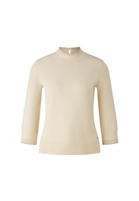 Strickpullover in Cremeton mit hohem Kragen und kurzen Ärmeln. Hat einen gerippten Saum und Bündchen sowie ein kleines Schlüssellochdetail im Rücken.