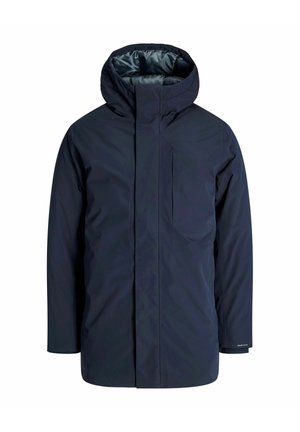Navy waterproof jacket with a high collar, adjustable hood, and chest pocket. Smooth outer texture and lined interior for insulation.