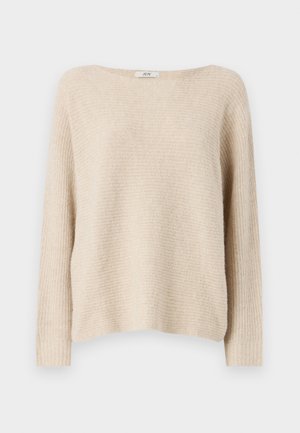 Bežani pleteni pulover s opuštenim krojem, širokim izrezom i rebrastim manžetama. Mekana tekstura s suptilnim horizontalnim uzorkom kroz cijeli pulover.