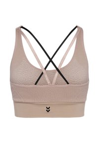 Beige sportbeha met gestructureerde stof, brede elastische band en gekruiste zwarte en beige bandjes aan de achterkant.