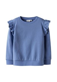 Sudadera azul clara con adornos de volantes en los hombros, escote redondo y puños y dobladillo acanalados. Tela suave y texturizada, ajuste casual.