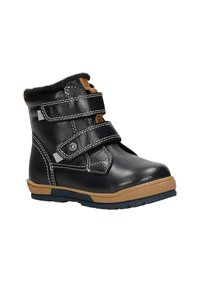Stivale per bambini in pelle nera con suola marrone, due cinturini in velcro, cuciture bianche e morbido rivestimento in pelliccia nera nella parte superiore.