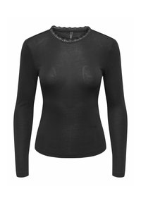 Svart langermet topp i lettvektstoff med ribt struktur og bølget halslinning. Minimalistisk design med tettsittende silhuett.