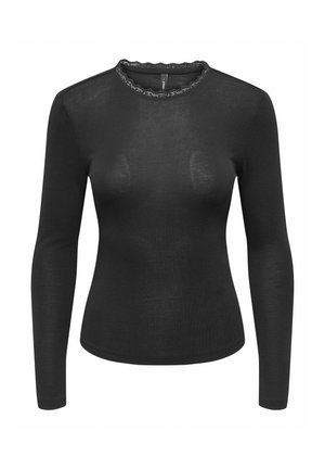 Sort langærmet top i letvægtsstof med ribbet tekstur og bølget udskæring. Minimalistisk design med tætsiddende silhuet.