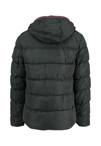 Doudoune vert foncé avec capuche. Présente des sections matelassées horizontales, une fermeture éclair et un accent bordeaux autour de l'ouverture de la capuche.