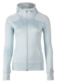 Veste à capuche zippée bleu clair en tissu doux et extensible, avec un col haut, un design ajusté et des poches kangourou.