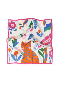 Svila šal z oranžno mačko z modrimi madeži, obdano s pisanimi cvetovi in listi, obrobljeno s pink trimom.