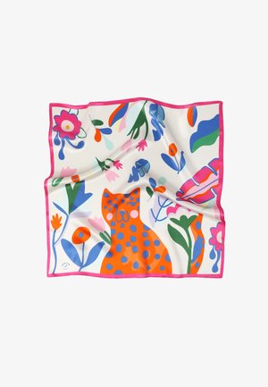 Seidenschal mit einer orangefarbenen Katze mit blauen Flecken, umgeben von bunten Blumen und Blättern, eingerahmt mit einem pinken Rand.
