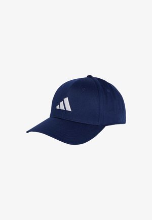 Casquette de baseball bleu marine en tissu avec une visière incurvée et un logo à trois rayures blanches à l'avant. Présente des œillets de ventilation.