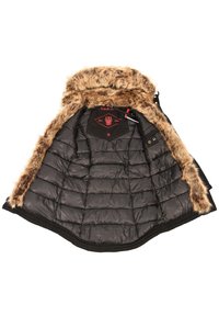 Chaqueta de plumas negra con forro de capucha de piel sintética. El interior presenta un diseño acolchado y una etiqueta de logo en el forro interior.