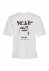 T-shirt bianco in cotone con una grafica marrone di una tazza di caffè, accompagnata da un gruppo di persone e il testo "COFFEE CLUB SUNDAY START YOUR DAY" sottostante.