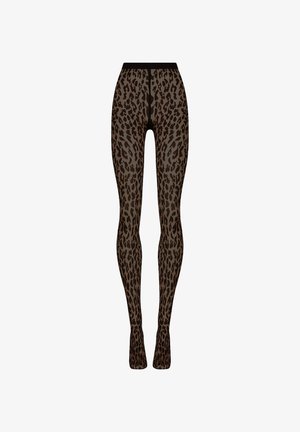 Leggings med leopardmönster och genomskinlig textur, med ett svart midjeband och ett mönster av mörkbruna fläckar på en ljus bakgrund.