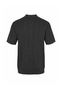 Pull court gris foncé en maille avec col côtelé et motif vertical subtil, vu de dos.