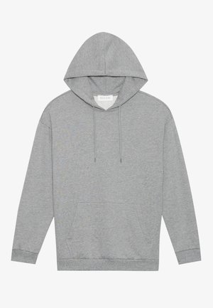 Haut à capuche gris clair à manches longues avec poche avant et cordons, placé à plat sur un fond blanc.