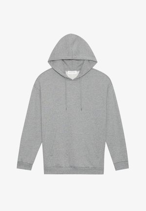 Light gray long-sleeve hoodie with front pouch pocket and drawstrings, laid flat on a white background.