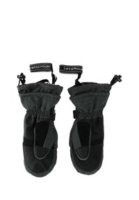 Mittens grigi con esterno testurizzato, aree di accento nere, polsini elastici e cinturini regolabili contrassegnati con la scritta "SWEDEMOUNT."