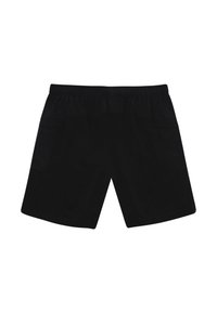 Schwarze Sportshorts mit einem elastischen Bund, zwei Seitentaschen und einer glatten Textur. Einfaches und funktionales Design.