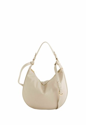 Beige Leder-Hobo-Tasche mit goldenem Reißverschluss, verstellbarem Schultergurt und kurzem Griff, vor weißem Hintergrund.