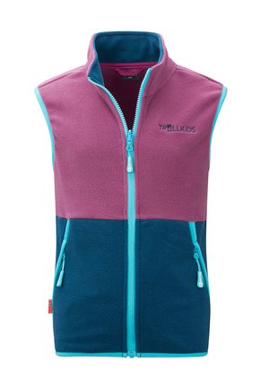 Sleeveless fleece vest in pink and blue with turquoise zipper, two zippered pockets, and "Trollkids" logo on chest.