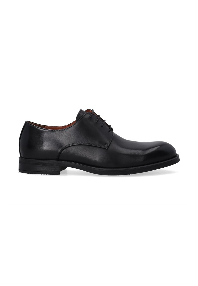 Schwarze Lederschuhe mit runder Zehenform, glatter Oberfläche, Schnürdesign und einem niedrigen, gestapelten Absatz. Verfügt über eine strukturierte Sohle für besseren Halt.