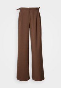 Wide-leg trousers in brown, made from soft fabric. Features a high waist with pleats and side ties, offering a relaxed fit and smooth texture.