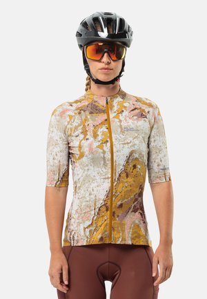 Short-sleeve cycling jersey featuring a multicolored abstract design in shades of gold, pink, and white, with a front zipper and fitted shape.