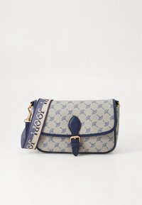 Borsa a tracolla in tela e pelle, con motivo blu e beige, accessori dorati e tracolla regolabile con marchio.