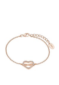 Bracciale in oro rosa con design a catena, caratterizzato da un simbolo dell'infinito adornato con strass trasparenti. Chiusura a moschettone e catena regolabile.