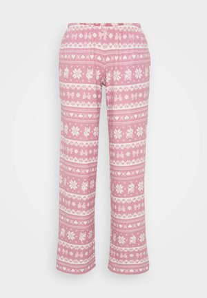 Pantalones de pijama rosa con patrones blancos temáticos de invierno que incluyen copos de nieve, corazones, lazos y pequeños ciervos, con una cinturilla elástica con un lazo.