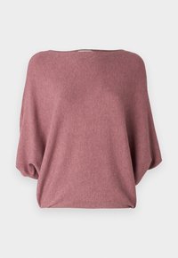 Luźna prążkowana bluzka w stonowanym różowym kolorze, wykonana z miękkiego materiału. Posiada szeroki dekolt i luźne rękawy typu batwing, tworzące swobodną sylwetkę.